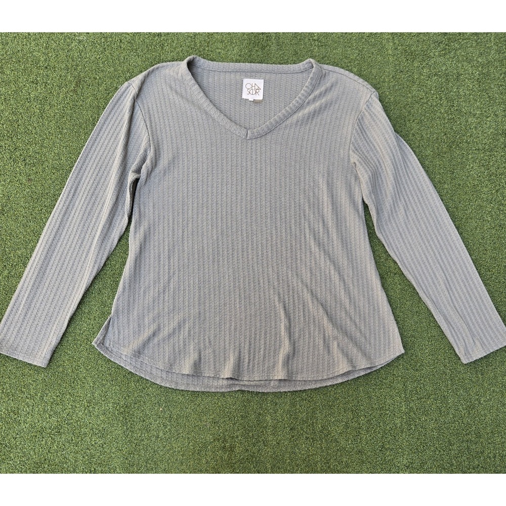 Chaser Women's Waffle Knit Sweater Olive Green Size Large Long Sleeve V-Neck